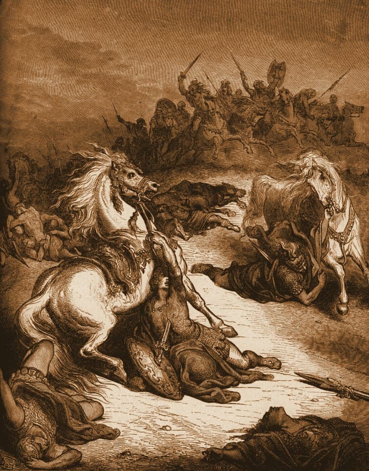 Gustave Doré engraving: death of saul.