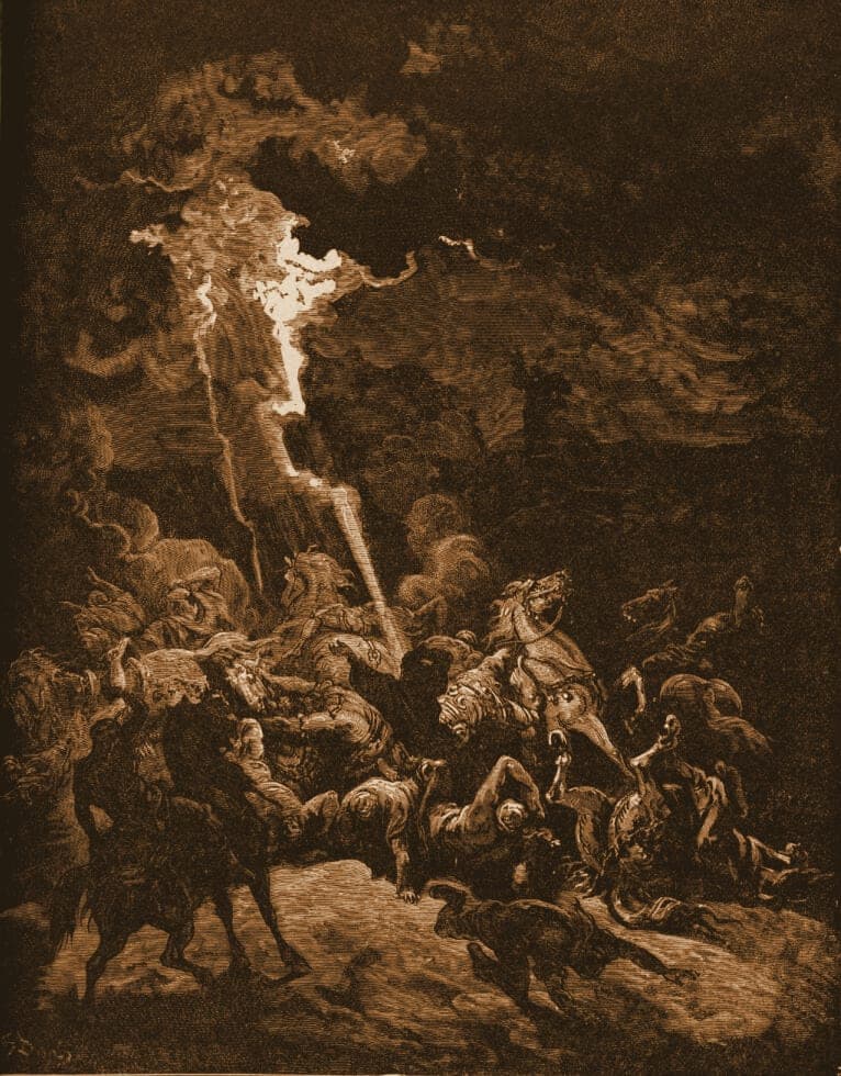 Gustave Doré engraving: elijah destroying the messengers of ahaziah.