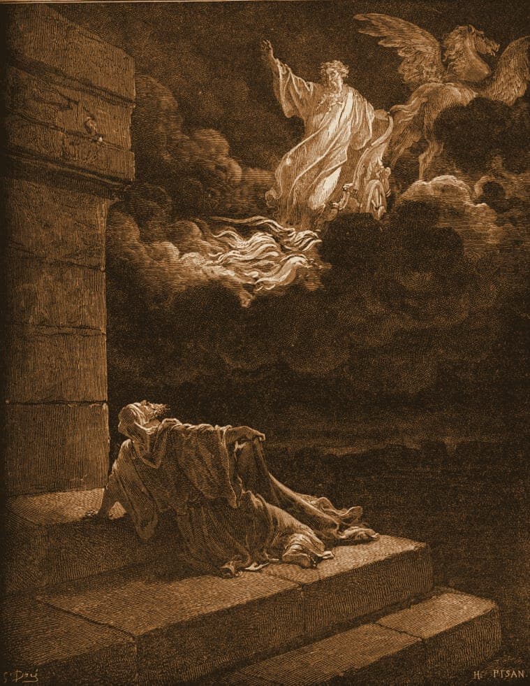Gustave Doré engraving: elijah's ascent in a chariot of fire.