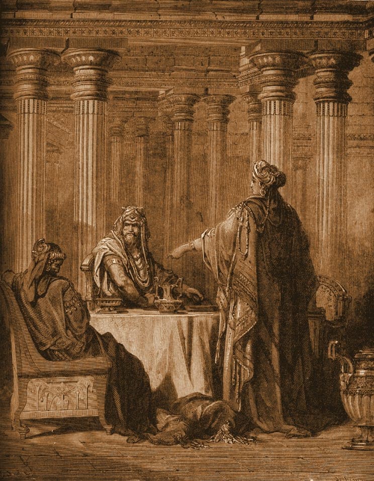 Gustave Doré engraving: esther confounding haman.