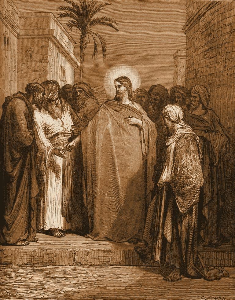 Gustave Doré engraving: jesus and the tribute money.