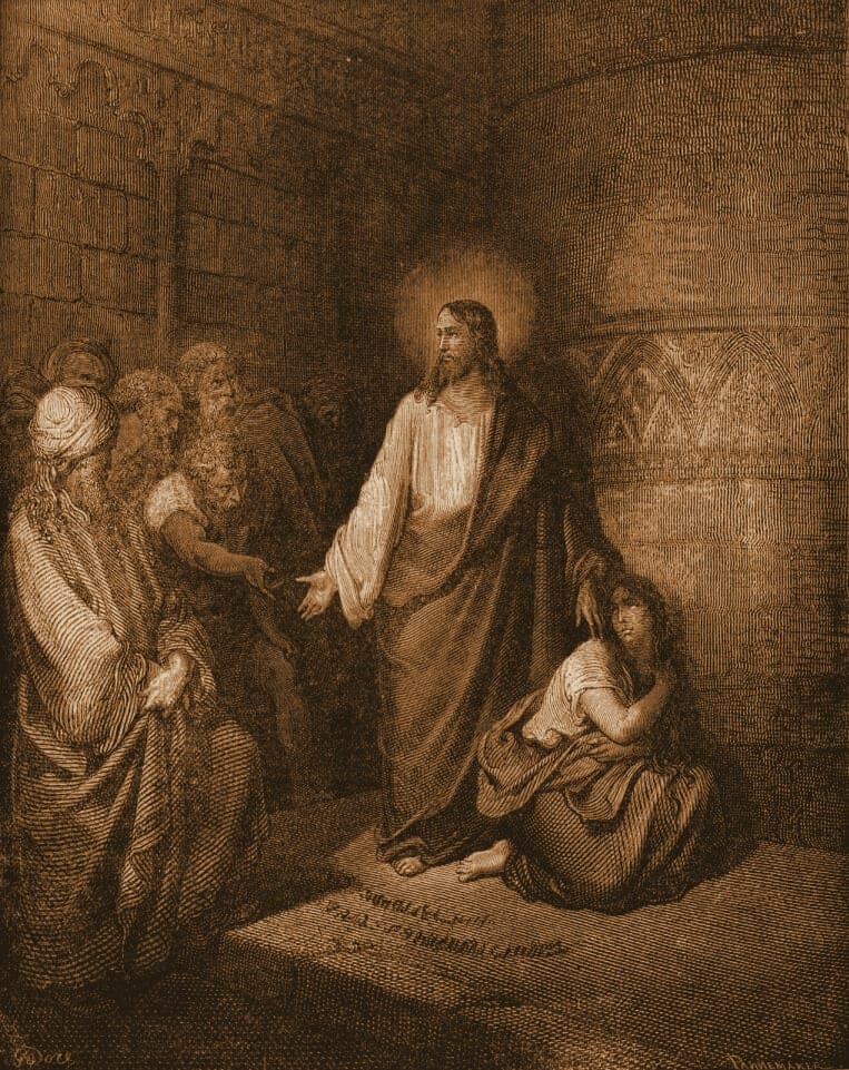 Gustave Doré engraving: jesus and the woman taken in adultery.