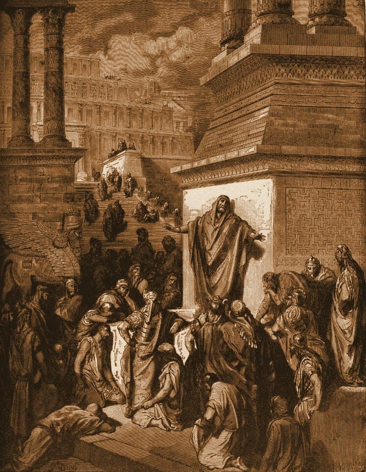 Gustave Doré engraving: jonah calling nineveh to repentance.