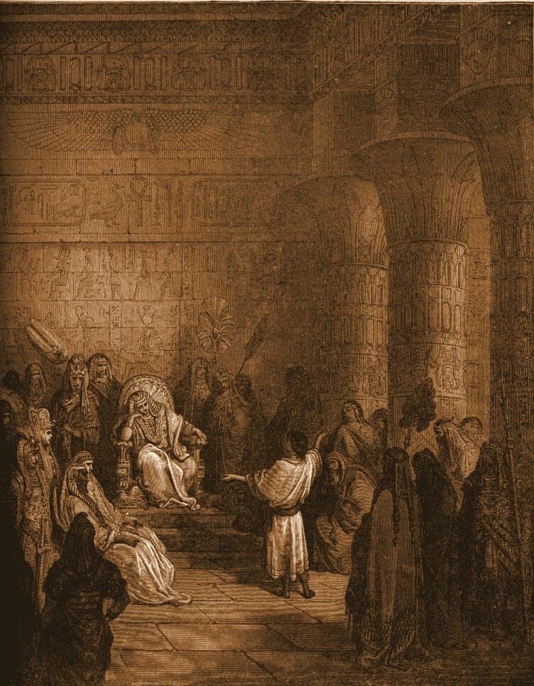 Gustave Doré engraving: joseph interpreting pharaoh's dream.
