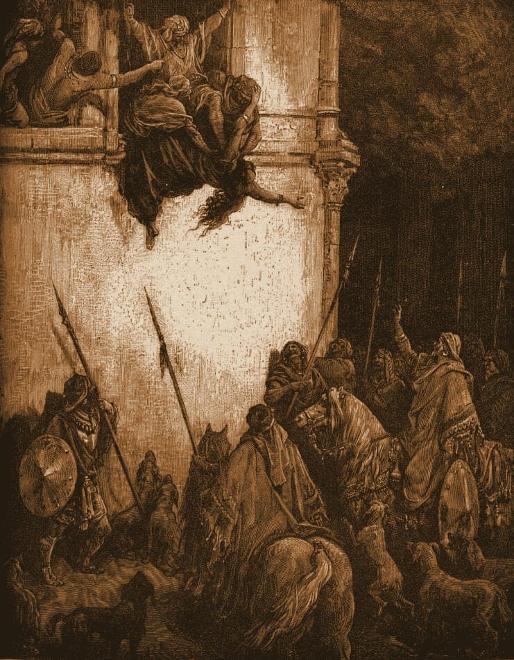 Gustave Doré engraving: the death of jezebel.