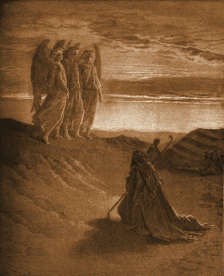 Gustave Doré engraving: abraham entertains three strangers.
