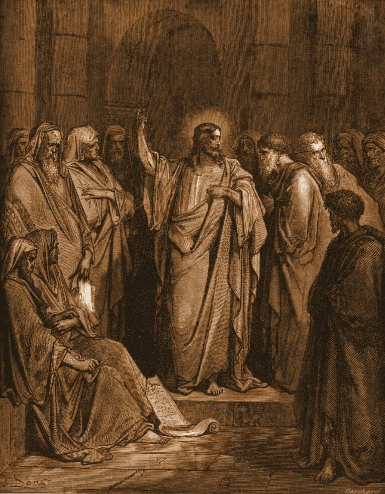 Gustave Doré engraving: christ in the synagogue.