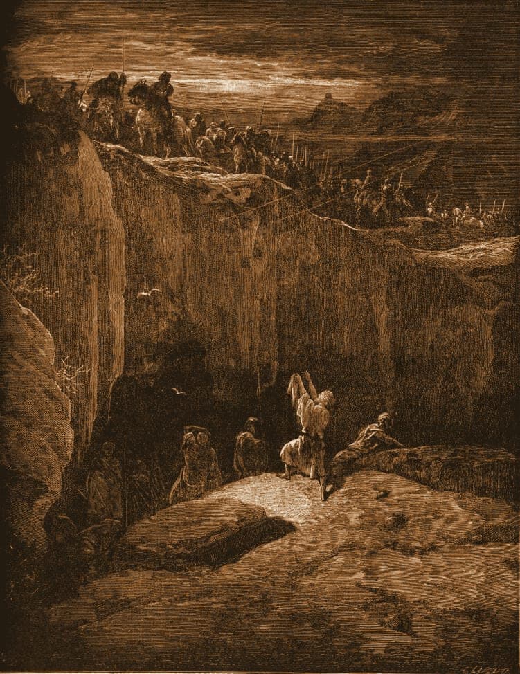 Gustave Doré engraving: david sparing saul.