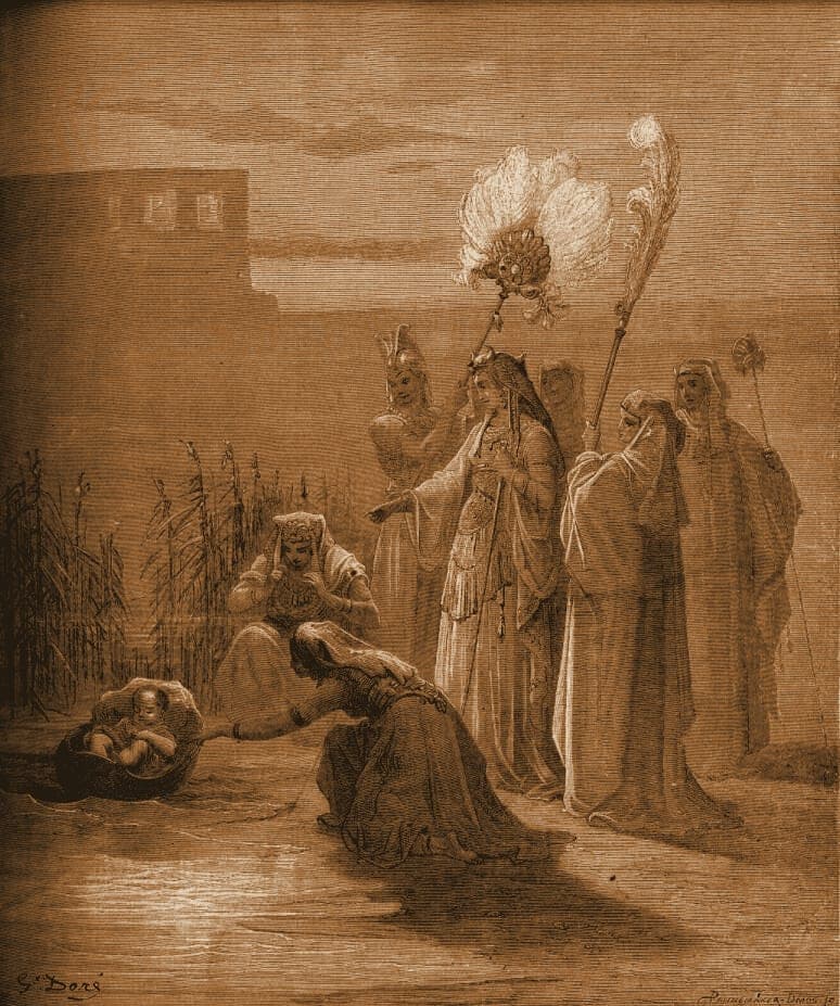 Gustave Doré engraving: moses in the bulrushes.