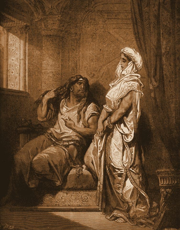 Gustave Doré engraving: samson and delilah.
