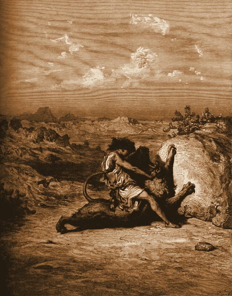 Gustave Doré engraving: samson slaying the lion.